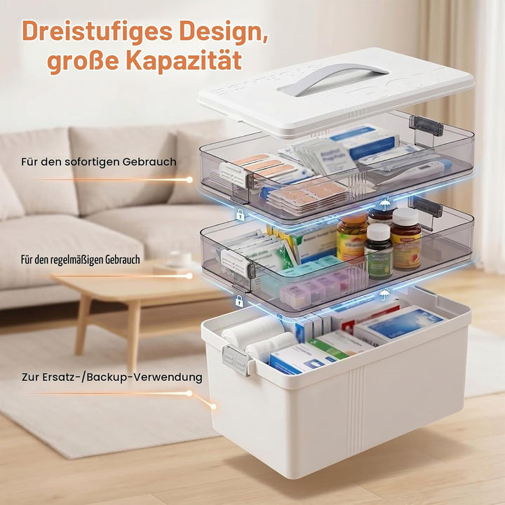 3 Stöckige Medikamenten Aufbewahrung, Hausapotheke Box mit Griff und herausnehmbarem Fach, Multifunc