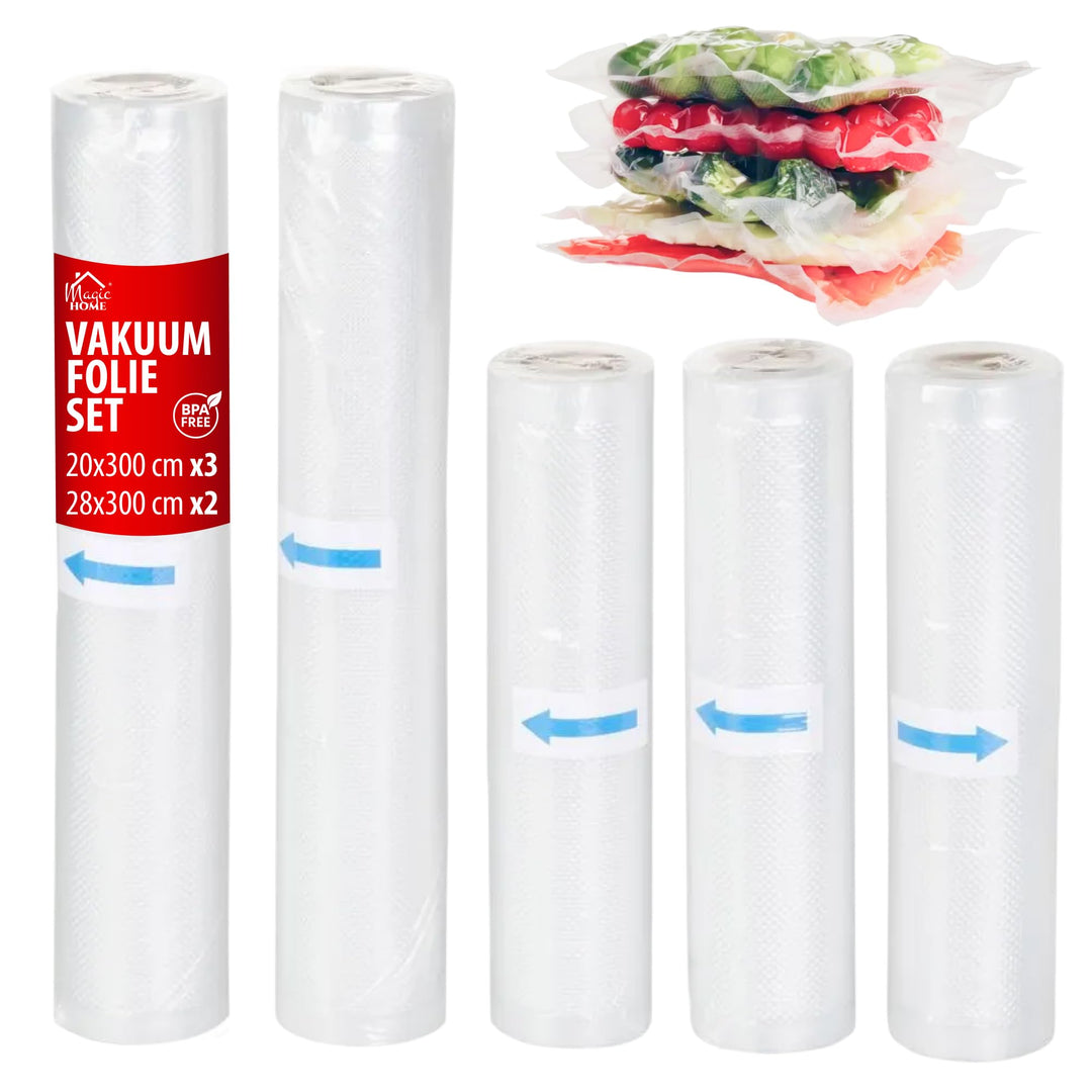 MAGIC HOME Vakuumierfolie Set - 5 Stk. | Vakuumierrollen für alle Vakuumierer | Strukturierte Folien