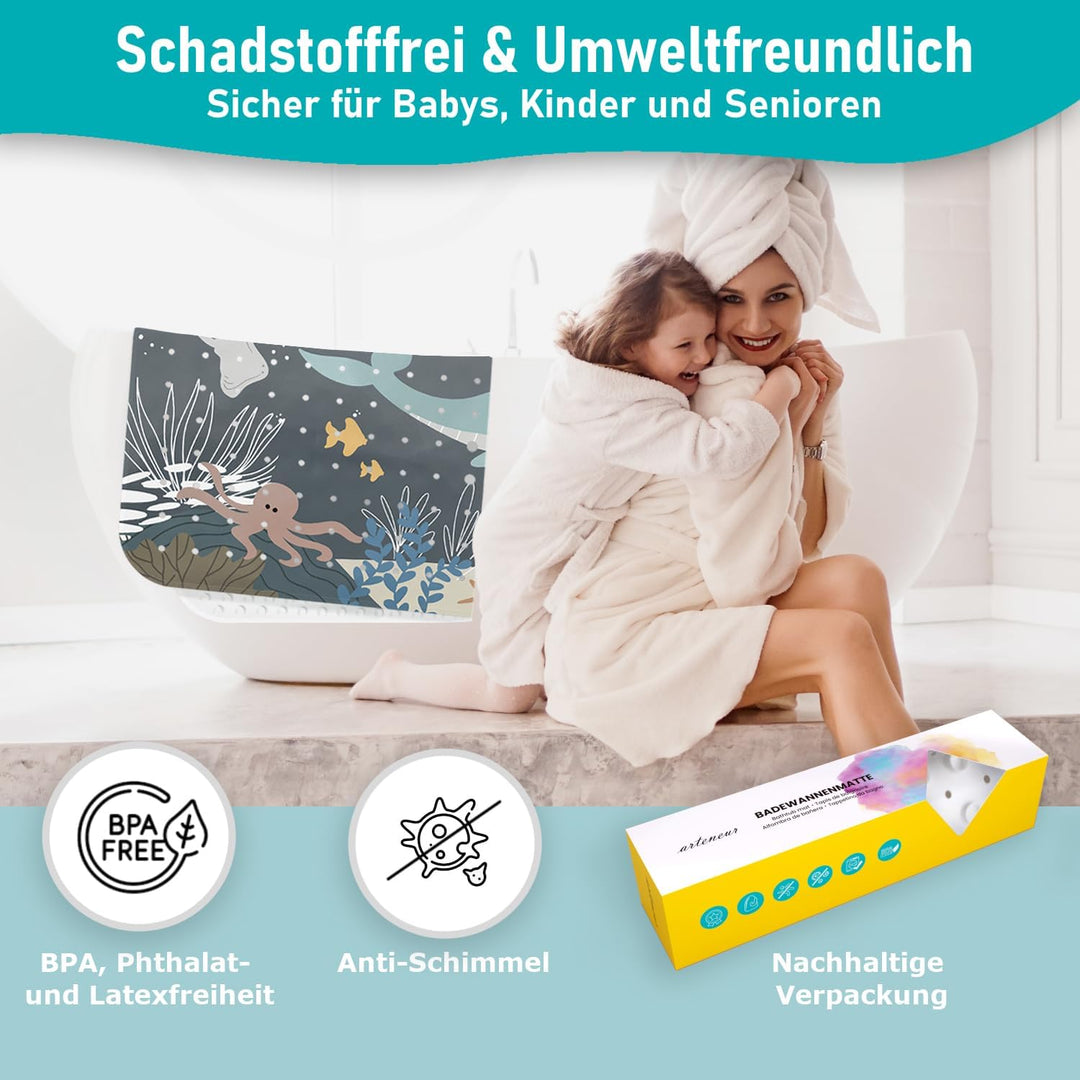 Badewannenmatte 100x40 cm Wasserwelt Dunkelgrau| Badematte rutschfest | Inkl. Aufhängung | Schimmelr