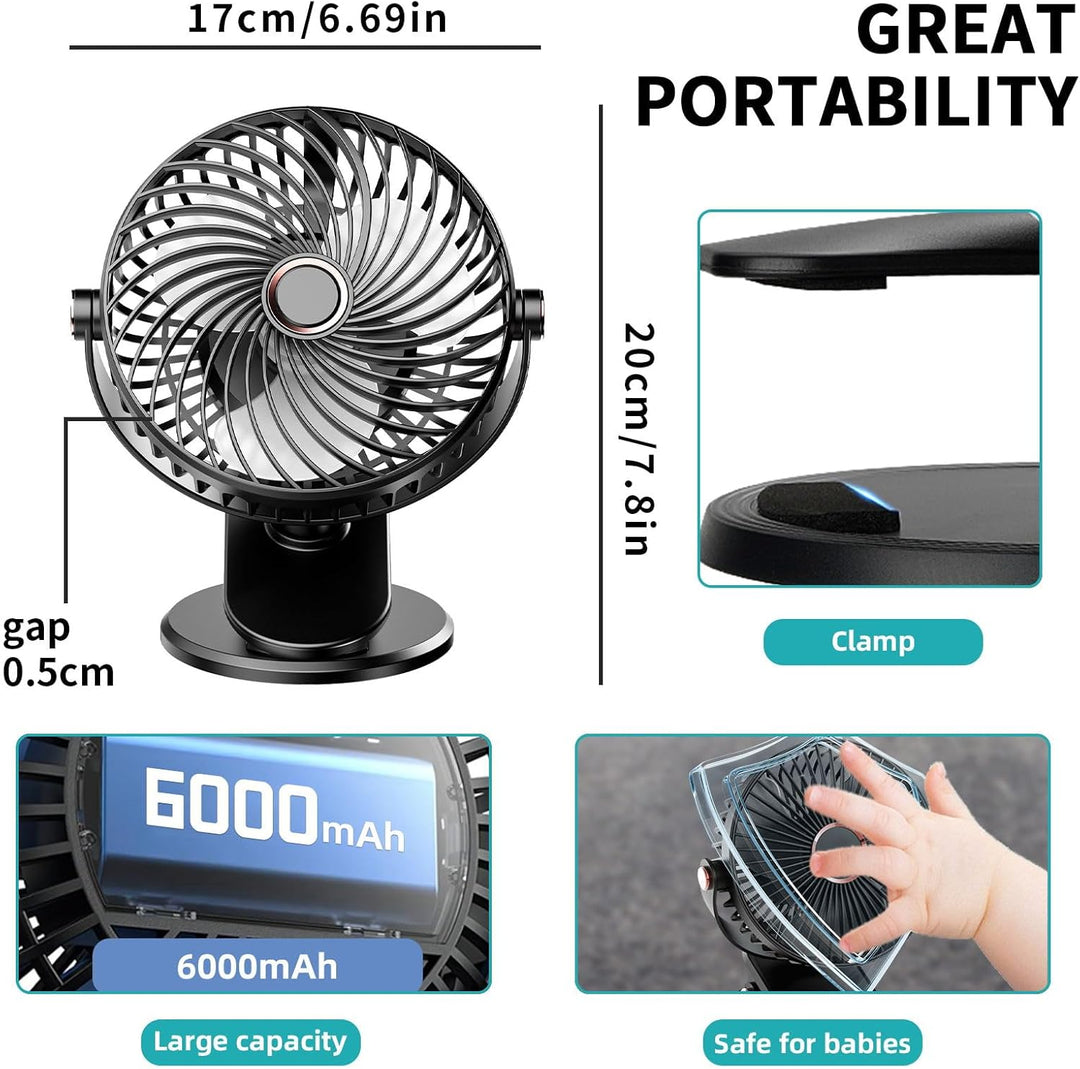 Schreibtischventilator, Mini-Ventilator, USB, leise, mit LCD-Display, 6000 mAh, Clip-Ventilator, 5 G