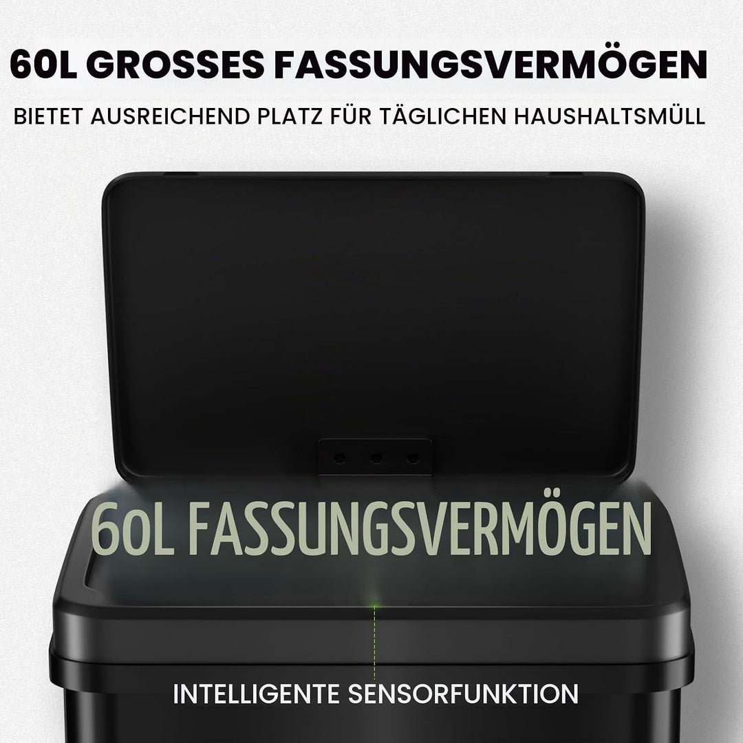Gardtech 60 Liter Mülleimer Küche mit Sensor - Abfalleimer mit Bewegungssensor - Klemmring für Müllb