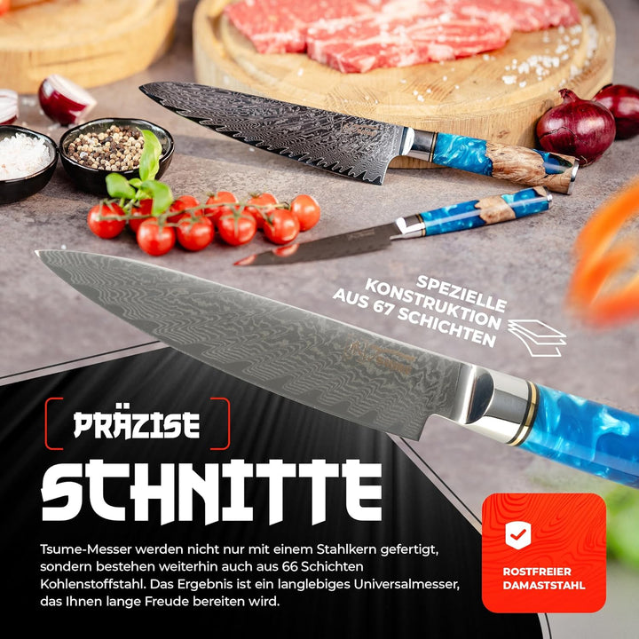 Tsume Allzweckmesser Saphir, Klingenlänge 13cm, Echtes Damast Küchenmesser, 67 Schichten VG10 Edelst