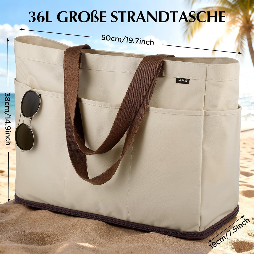 GAGAKU Strandtasche XXL mit Kühlfach, Wasserfest Beach Bag mit Reissverschluss – Faltbar Gross Badet