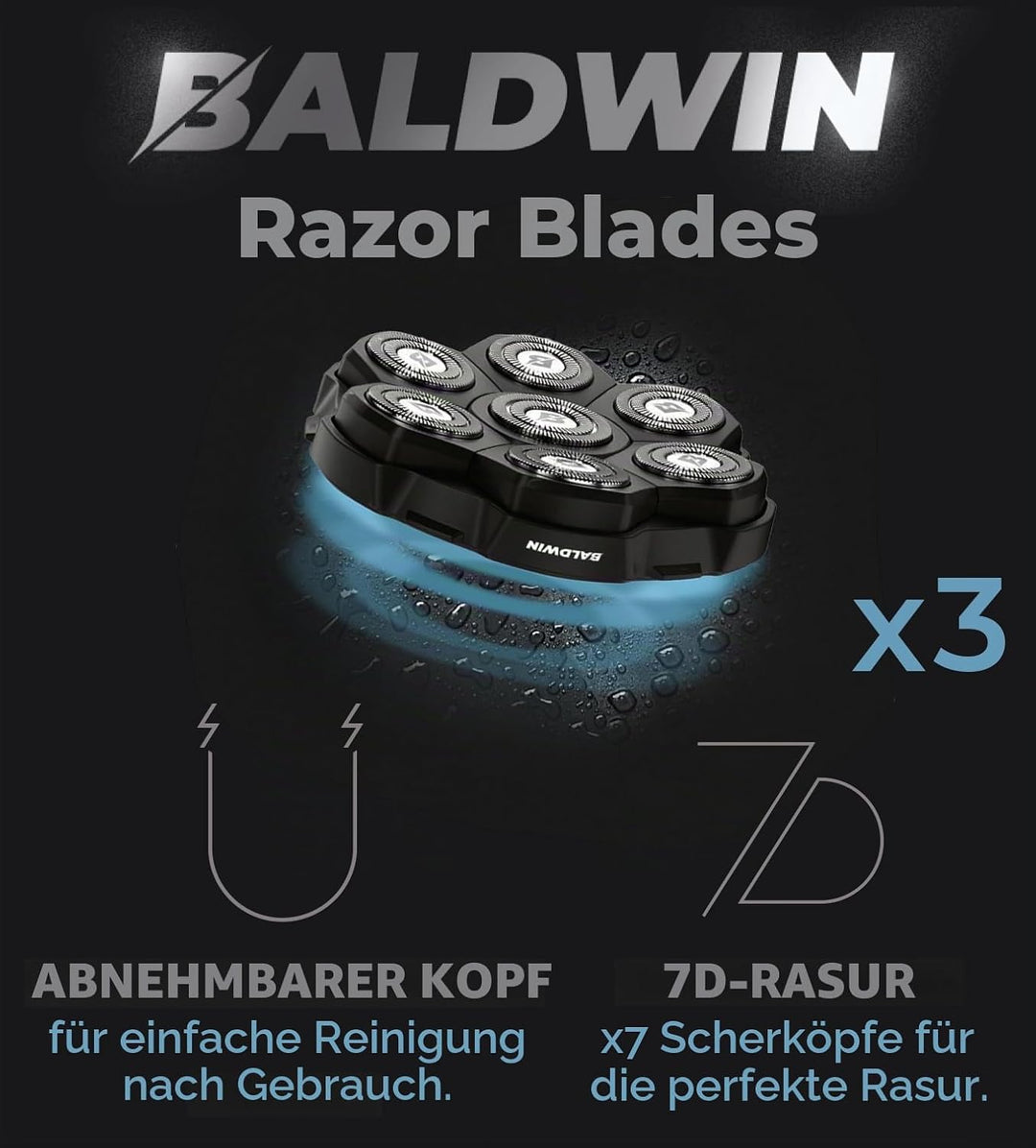BALDWIN Ersatzkopf für Glatzenrasierer – 7D Rasierklingen, Magnetischer Scherkopf, Wasserdicht, Komp