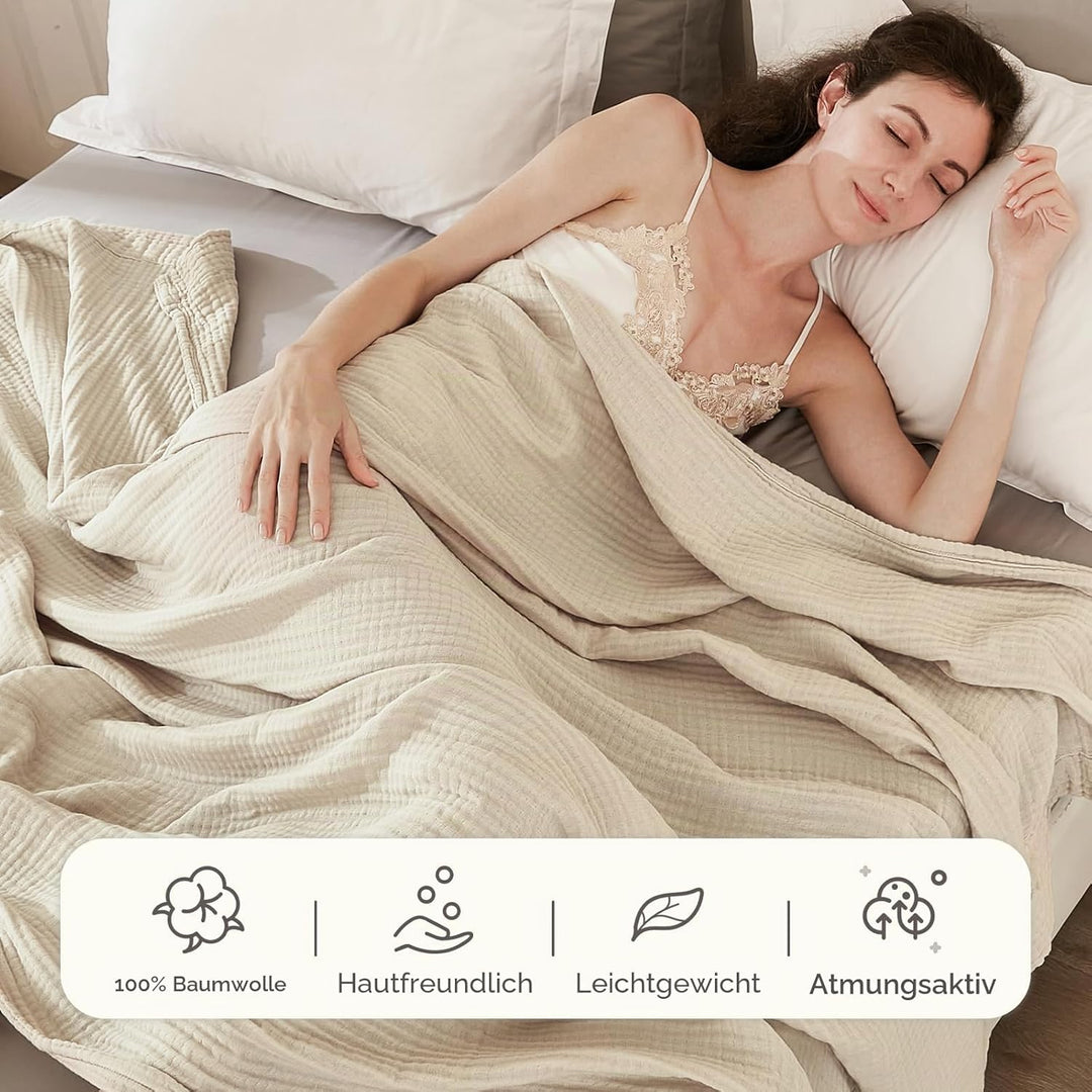 EMME Musselin-Decke Erwachsene, 100% Baumwolle, 230 x 230 cm Beige Sommer-Überwurf Decken für Couch,