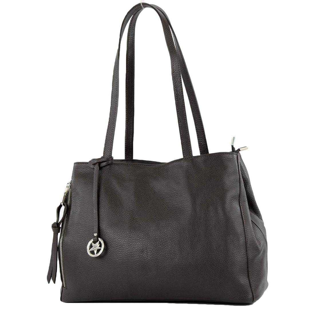 modamoda de - T205 - ital. Schultertasche Henkeltasche aus Leder Dark Chocolate, Dark Chocolate