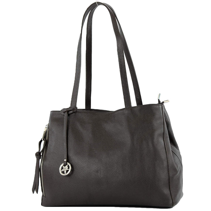 modamoda de - T205 - ital. Schultertasche Henkeltasche aus Leder Dark Chocolate, Dark Chocolate