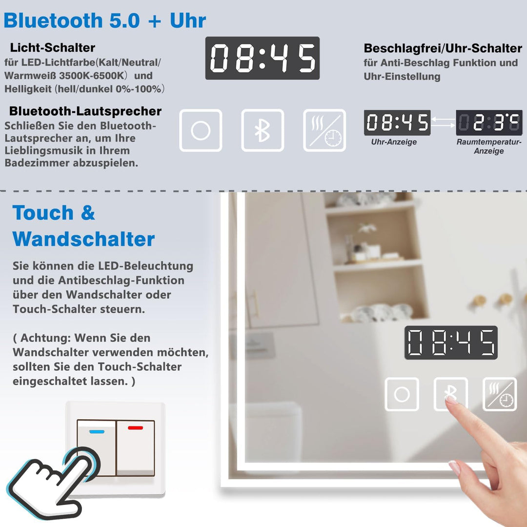 Aica Sanitär Badspiegel mit Bluetooth 100×60cm Schminkspiegel Uhr Kalt/Neutral/Warmweiss dimmbar Tou