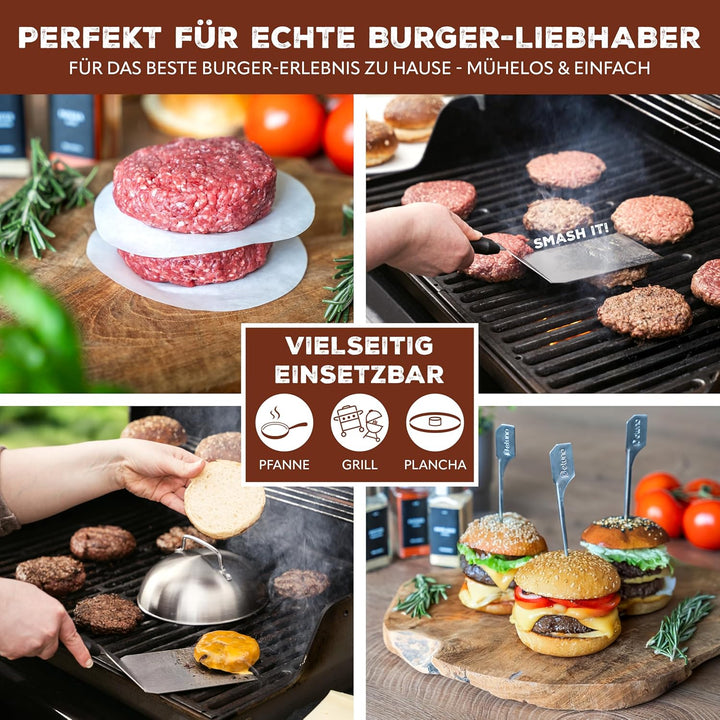eluno Burger-Set 6tlg. inklusive Burgerpresse mit Burgerpapier, Grillwender, Zwei Burgerhauben und V