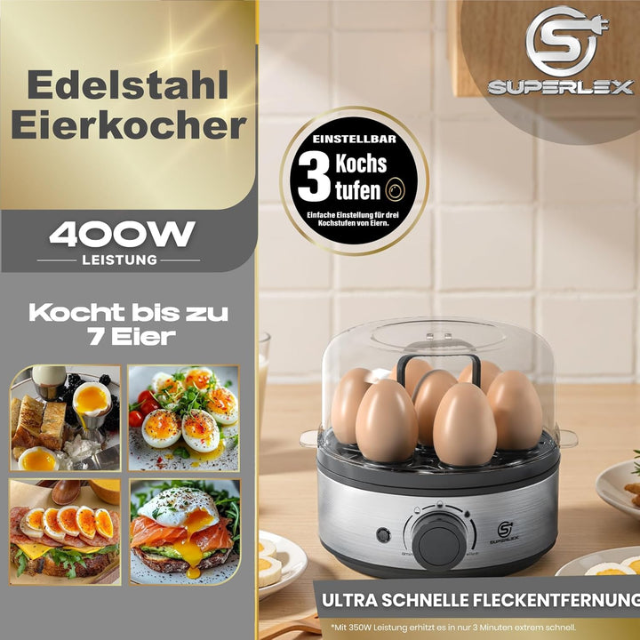Eierkocher 7 Eier Elektrischer 400W Edelstahl Automatischer Eier Kocher Egg Cooker Kleiner Eierkoche