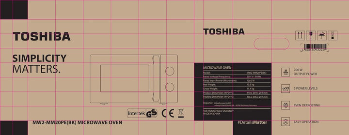 Toshiba MW2-MM20PE(BK) Freistehend Mikrowelle/Solo-Mikrowelle / 20L / 700W / 5 Leistungsstufen mit p