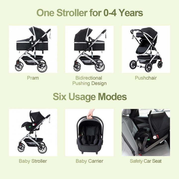 Gcarebb 3 in 1 Kinderwagen, Buggy Mit Auto Babyschale, Mit Einem Klick Zusammenklappbarer Tragbarer