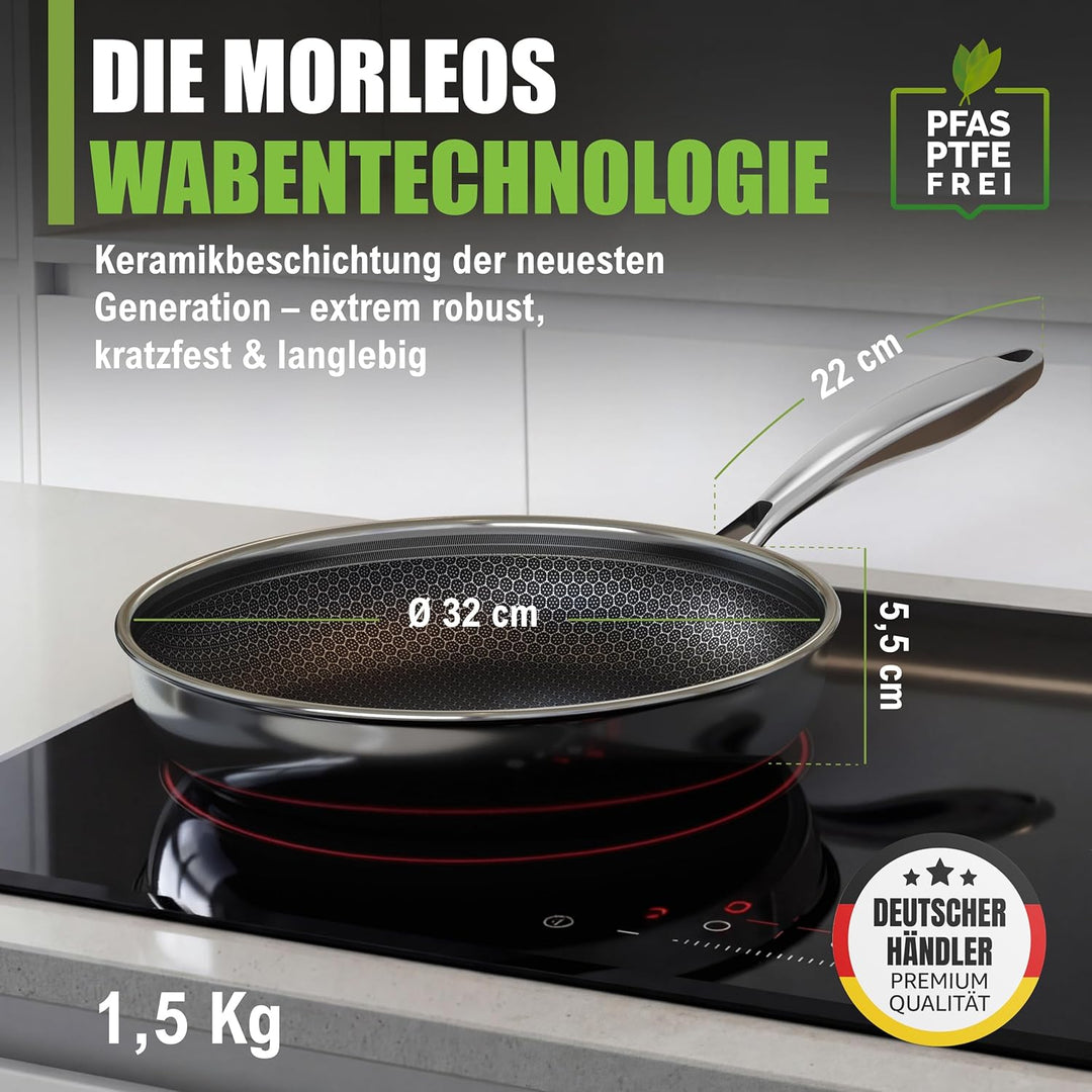 Wabenpfanne 32 cm Induktion Antihaft Pfanne Wabenstruktur Keramik PFAS-frei | Kratzfeste Edelstahl-K