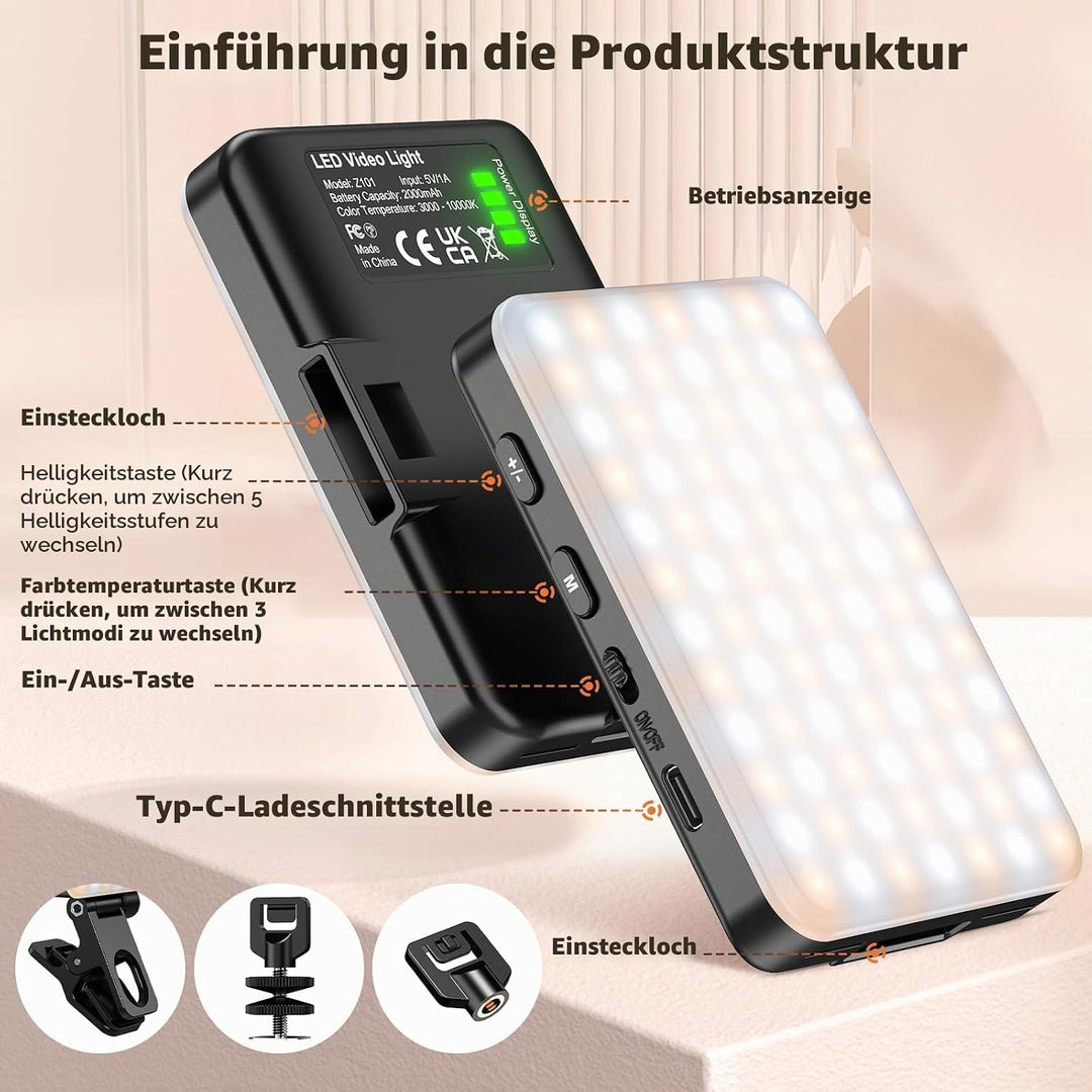 Selfie Licht Handy, 3000-10000K 3 Lichtmodi Handylicht, 2000Mah Eingebauten Akkus, CRI 95+, Selfie L