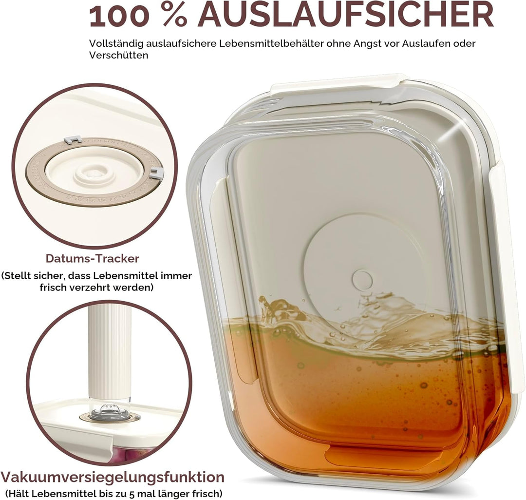 5er-Pack 1040ml Glas-Vakuum-Lebensmittelbehälter mit Datumsanzeige & Pumpe - luftdichte Vakuumbehält