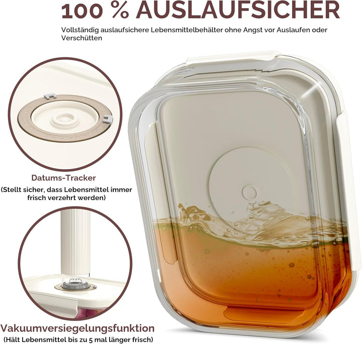 5er-Pack 1040ml Glas-Vakuum-Lebensmittelbehälter mit Datumsanzeige & Pumpe - luftdichte Vakuumbehält