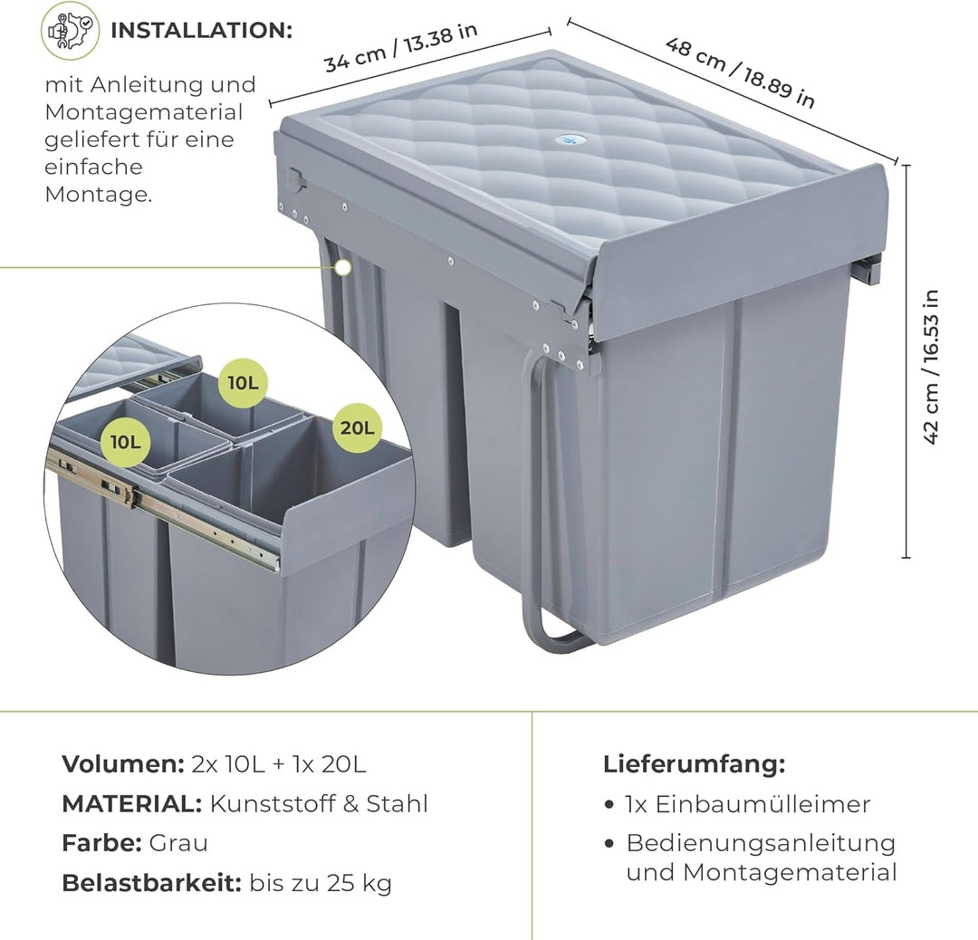 [en.casa] Einbau-Mülleimer Froland Abfallsortierer Ausziehbarer Müllsammler 3 Herausnehmbare Fächer