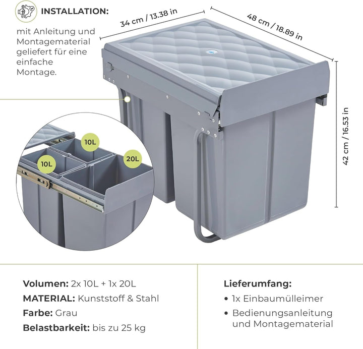 [en.casa] Einbau-Mülleimer Froland Abfallsortierer Ausziehbarer Müllsammler 3 Herausnehmbare Fächer