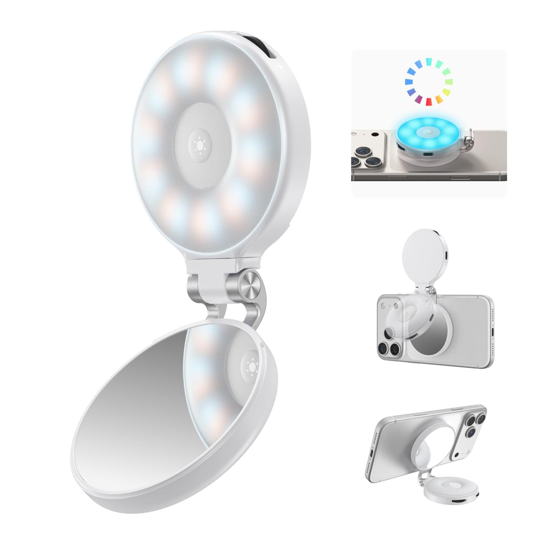TELESIN Verbessertes 4-in-1 Magnetisches RGB-Selfie-Ringlicht mit Spiegel und Handyhalterung, wieder