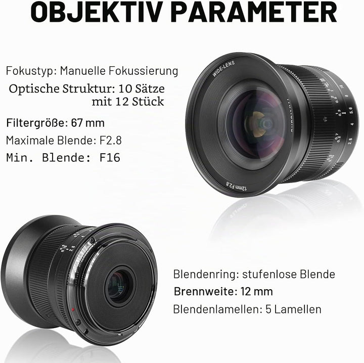 7artisans 12 mm F2.8 Mark Ⅱ Ultra-Weitwinkel APS-C Manueller Fokus Prime Objektiv kompatibel für Can