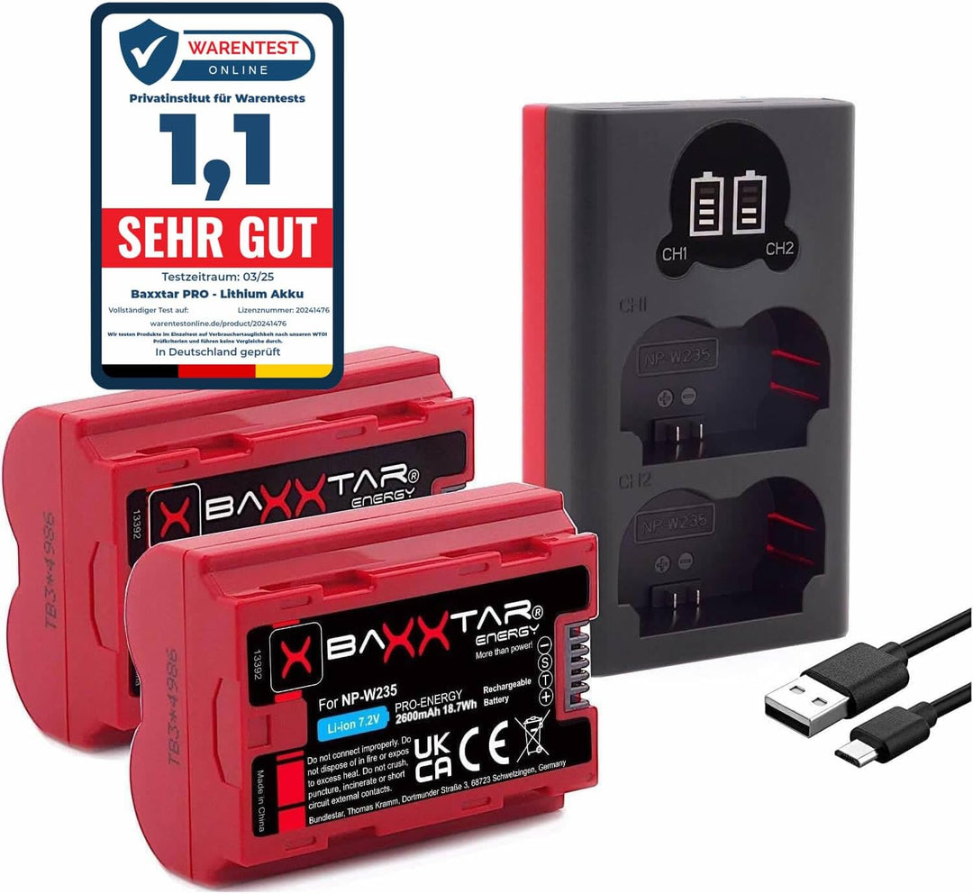 Baxxtar NP-W235 2400mAh Kamera-Akku Pack mit aktivem NTC-Sensor - mit Ladegerät Mini 18882 USB Dual