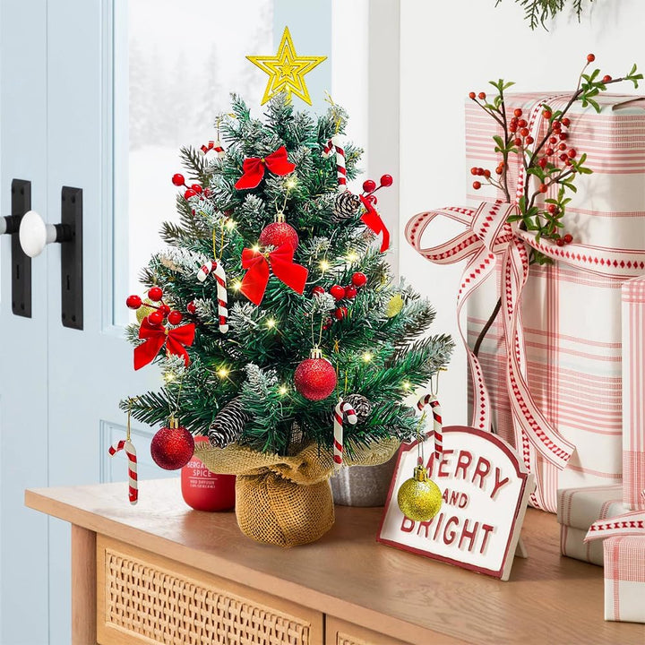 Weihnachtsbaum mit Beleuchtung und Schnee 60cm, Künstliche Weihnachtsbäume Geschmückt, Tannenbaum Li