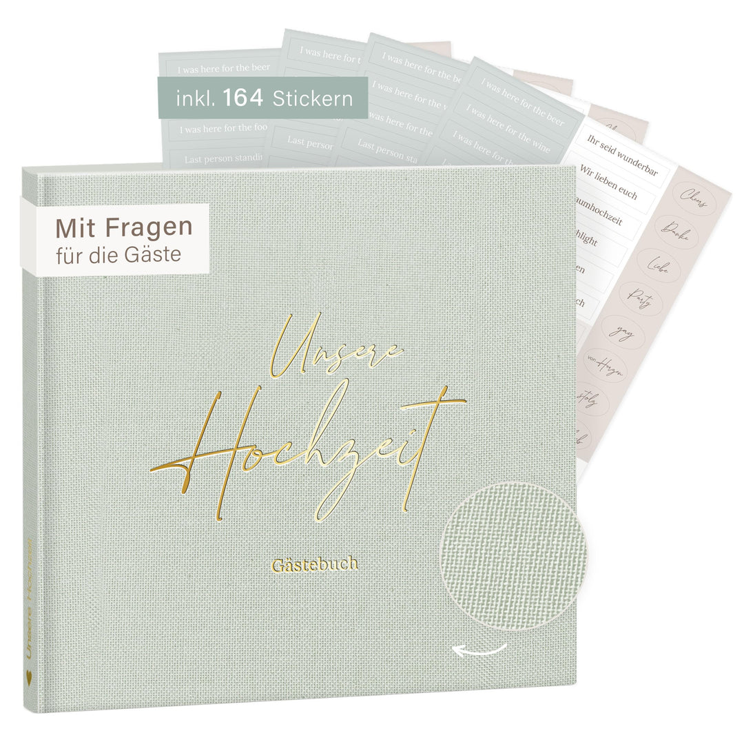 mintkind® Gästebuch Hochzeit Salbei - Hochzeitsbuch mit Fragen, 84 Seiten zum Ausfüllen &amp; Gestalten,