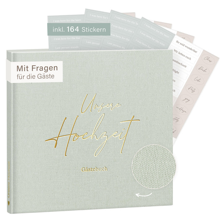 mintkind® Gästebuch Hochzeit Salbei - Hochzeitsbuch mit Fragen, 84 Seiten zum Ausfüllen &amp; Gestalten,
