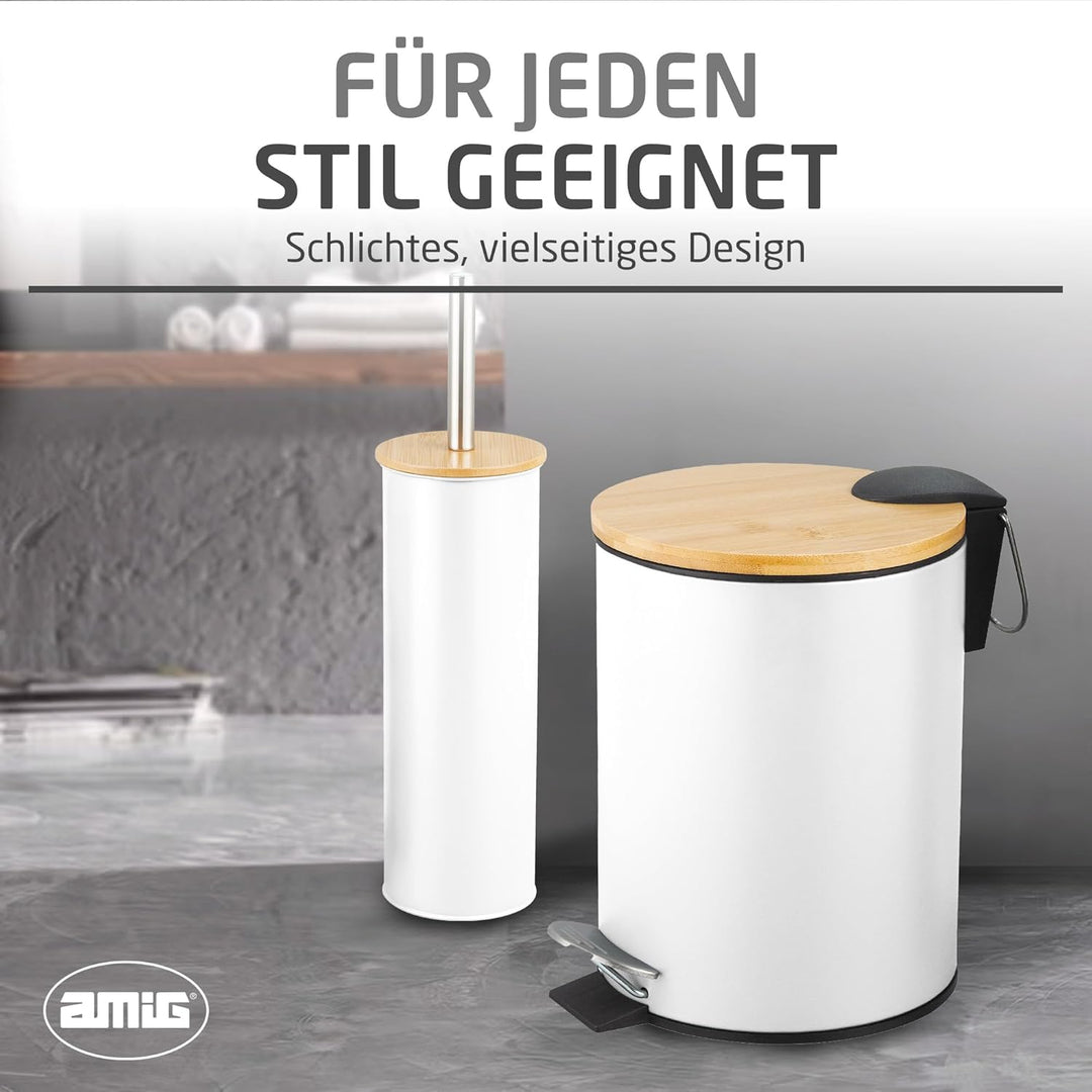 Amig - Set aus Mülleimer und WC-Bürstenhalter Naturline - Ø168 x 230 mm - Edelstahl und Bambus - Far