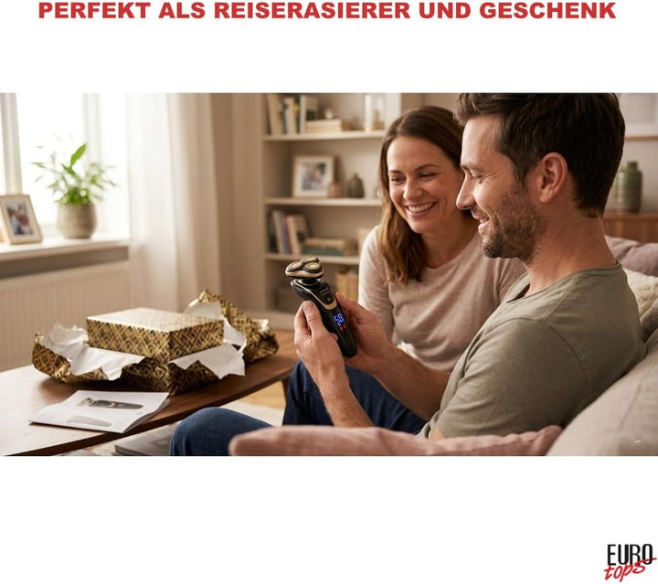 EUROtops Herren Elektro-Rasierer mit 3 Scherköpfen – LC-Display/Lade-Station, Kabelloser Nass- / Tro