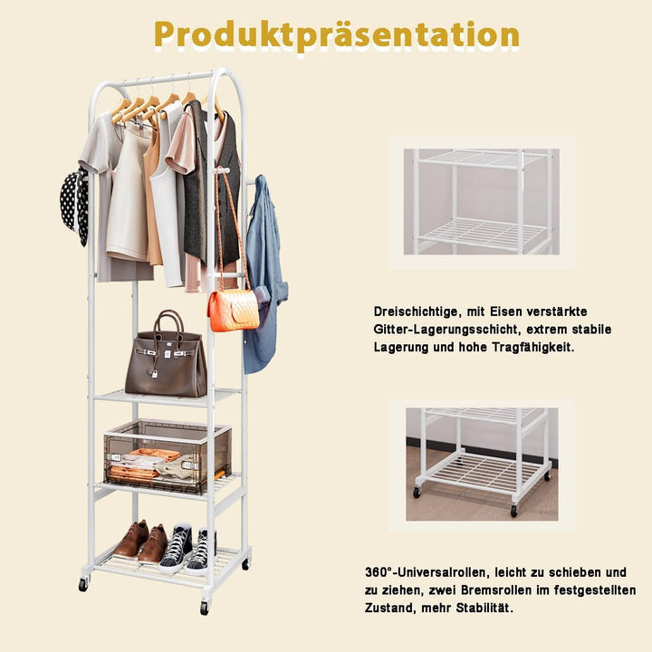Kleiderständer mit Rädern und 3-stufigen Metallböden, Kleiderstangen zum Aufhängen von Kleidung mit