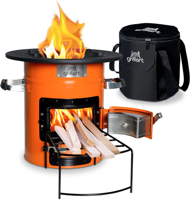 grillart® Raketenofen Outdoor “Powertrain” (mit Tragetasche) orange – effizienter Holzofen als Campi
