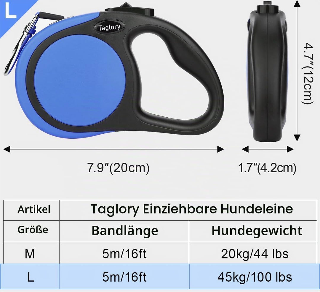 Taglory Hundeleine Rollleinen für Mittel und Grosse Hunde bis 45kg, Hundeleine Ausziehbar mit Anti-R