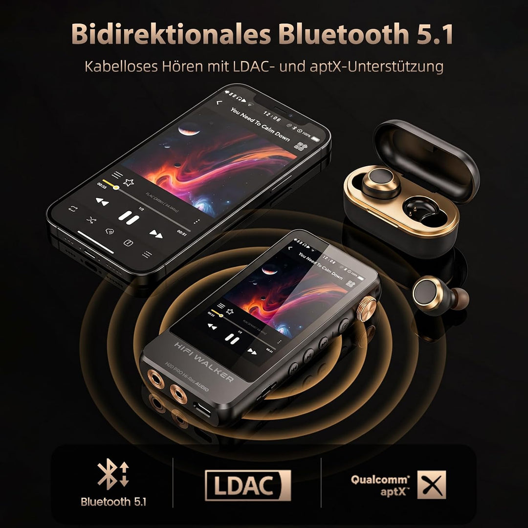 HIFI WALKER H20 Pro Hi-Res MP3 Player mit Bluetooth, 64GB microSD Karte, Lossless Musikplayer mit Du