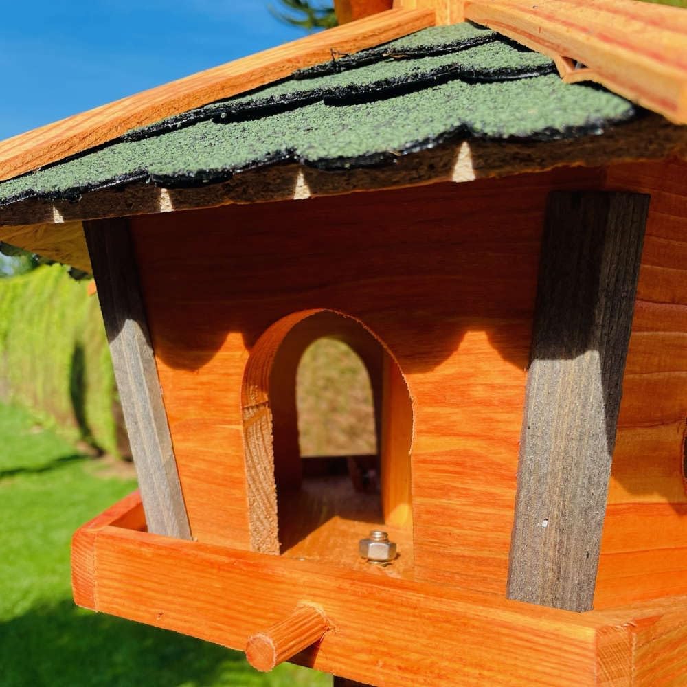 Vogel Futter Haus L oder XL Sechseck Holz Vogelhaus Futterstelle Braun/Blau, Rot, Schwarz und Grün (