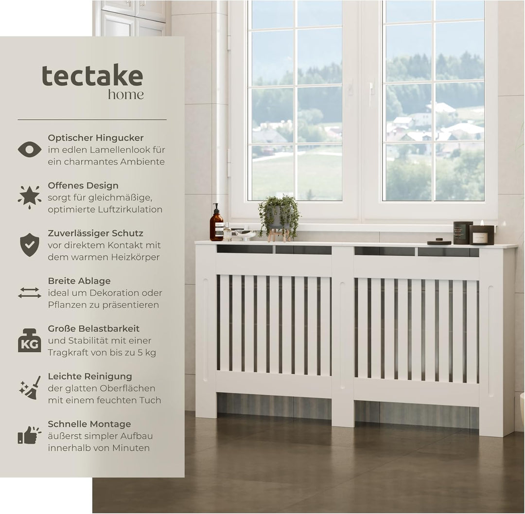 tectake® Heizkörperverkleidung, Holzverkleidung MDF, Heizungsverkleidung weiss mit Lamellen, Heizkör