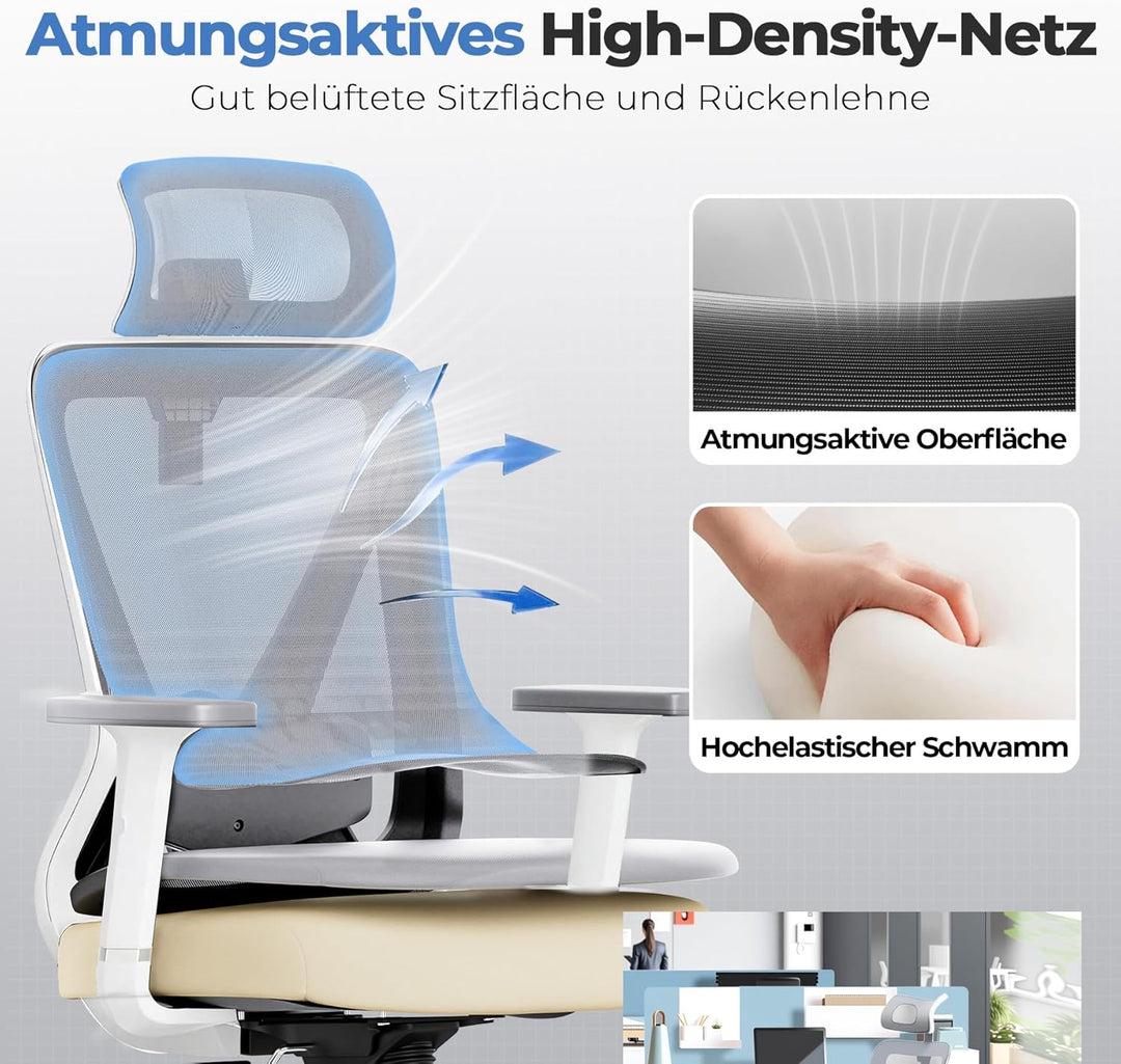 GTPLAYER Bürostuhl Ergonomisch [TESTSIEGER], Schreibtischstuhl mit 3D-Lendenwirbelstütze, Verstellba
