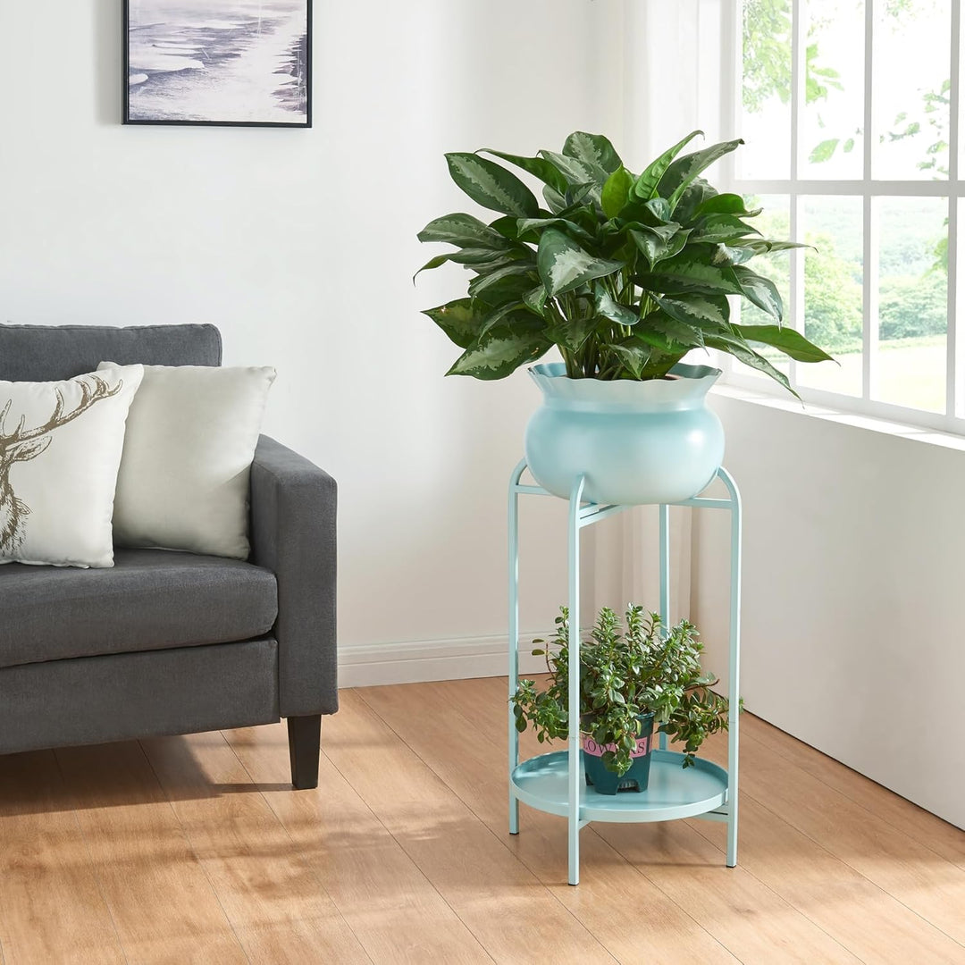 [en.casa] Blumenständer Altena Pflanzenständer mit Blumentopf und Ablage Metall Hellblau Pflanzenreg