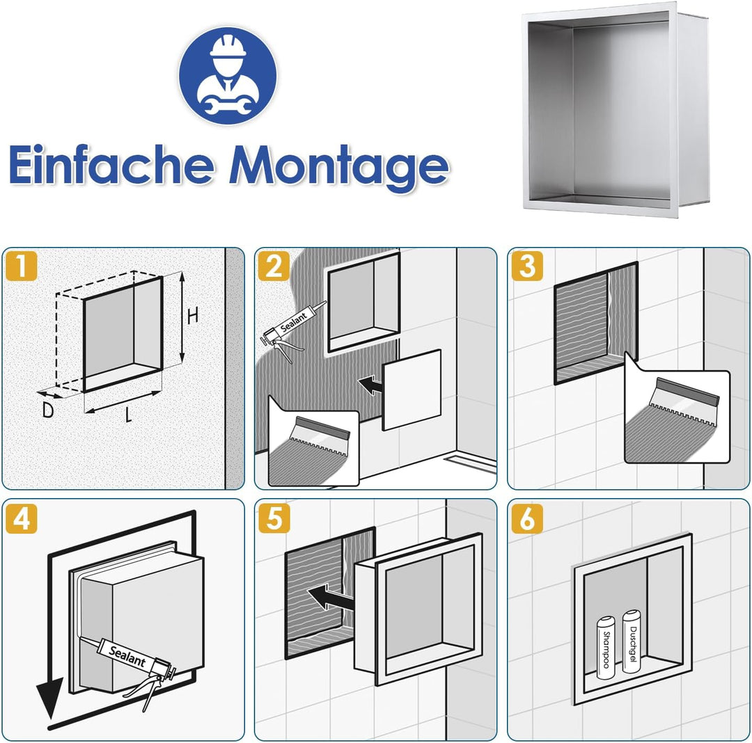 ROVOGO 30x30x10cm Wandnische Dusche Edelstahl 304, Eingebettete Duschnische Einzelregal Lagerung für