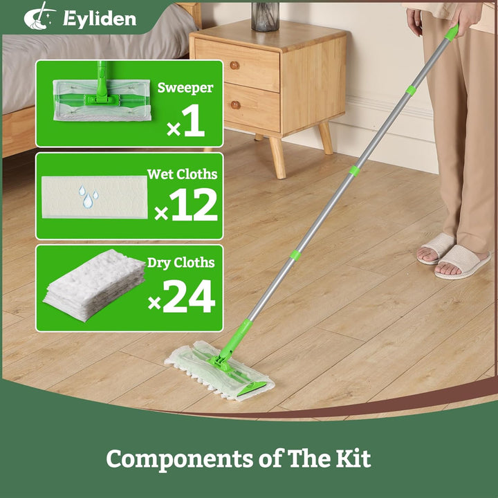 Eyliden Bodenwischer Starter-Set, 1 Stab + 24 Trockene Bodentücher + 12 Feuchte Bodentücher, 3-in-1