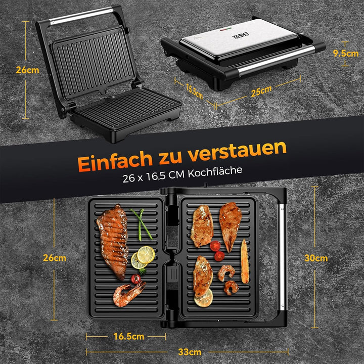 YASHE Sandwichmaker, 1500W Panini Grill, XXL Antihaftplatten, Automatische Temperaturregelung, Kontr