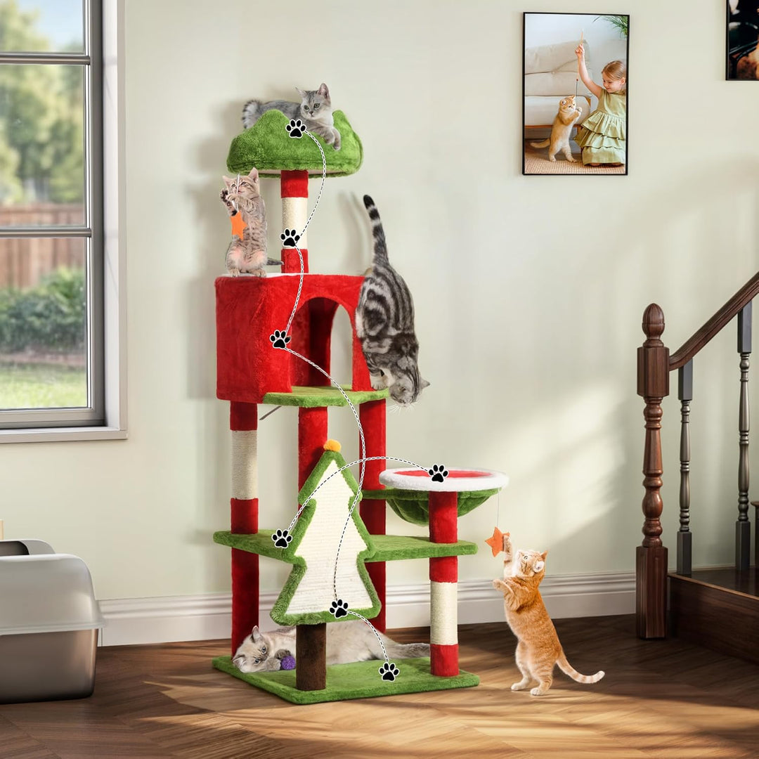 YITAHOME 137cm grosser Kratzbaumturm mit Eigentumswohnungen, oberen Sitzstangen, Hängematte, Pfosten