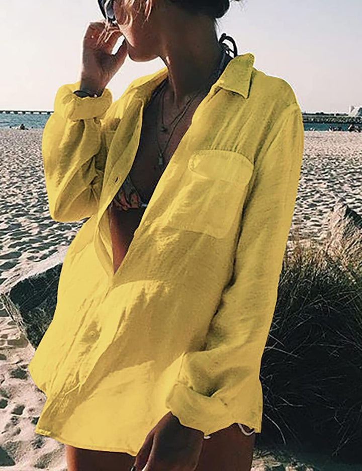 Bsubseach Damen Long Sleeve Beach Shirt Blusen Turn Down Kragen Strandponcho G-gelb, G-gelb