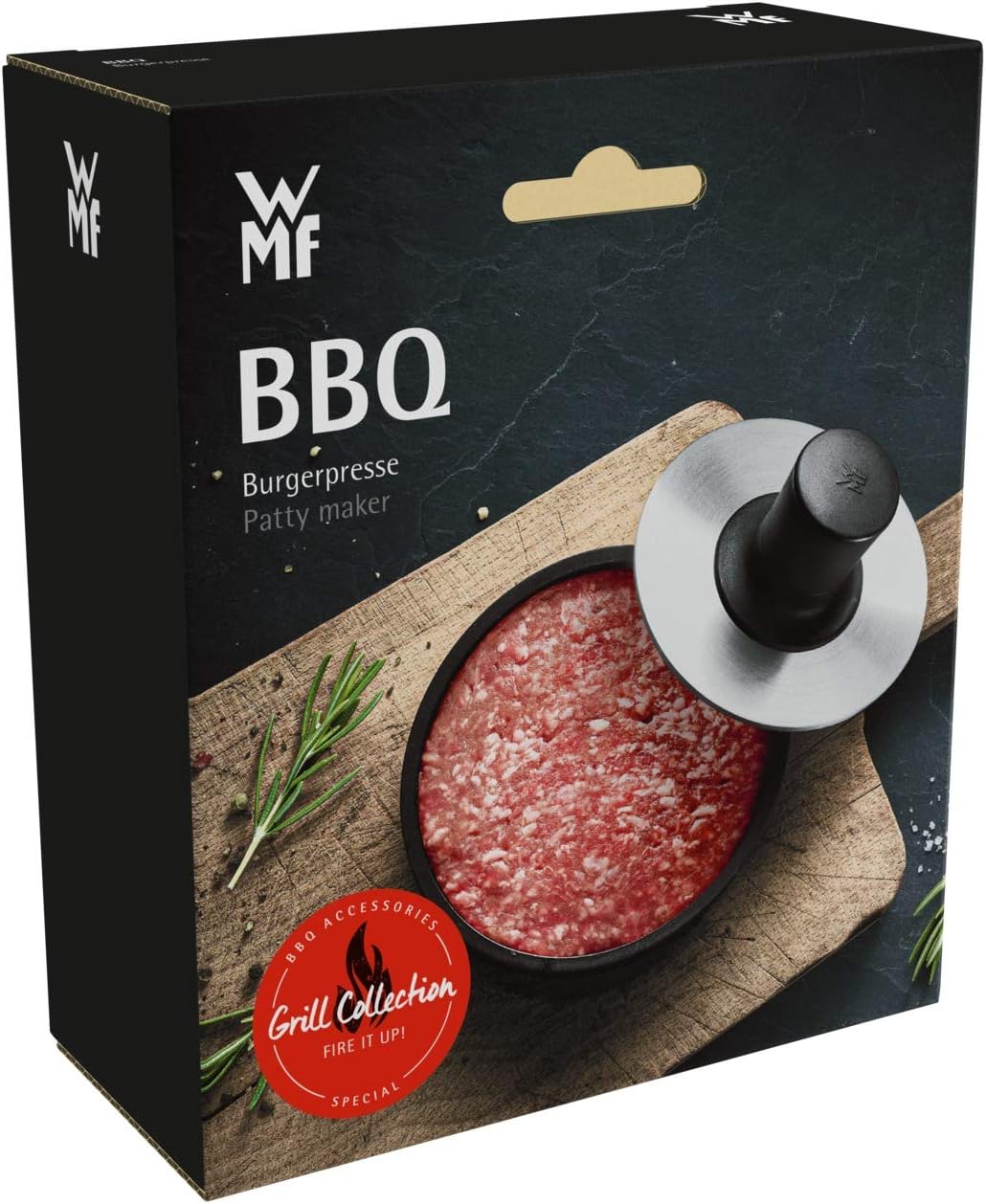 WMF BBQ Burgerpresse Edelstahl 12,5 cm, Pattypresse für gleichmässige Patties für leckere Hamburger,