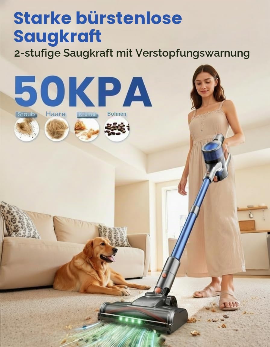 Dzaki Akku Staubsauger Kabellos 50.000 Pa, 55 Min. Laufzeit, Selbststehend, Touch Display, Anti-Tang