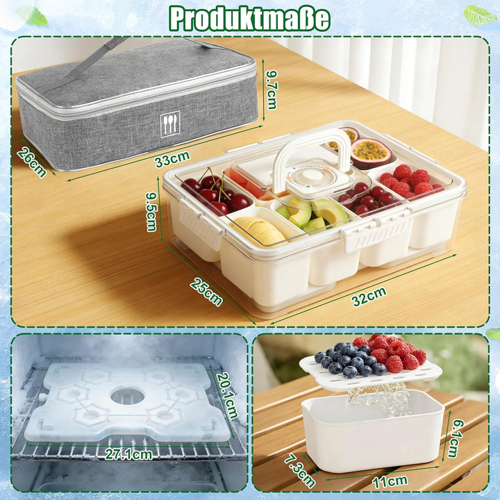 IEEILULU Snackbox mit 8 Fächern, Snackbox mit Kühlakku und Tragetasche für Obst, Snacks, Saucen usw,
