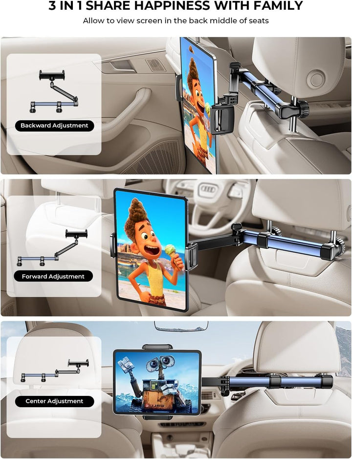 TRYONE Tablet Halterung Auto Kopfstütze - [46cm Langarm] [3 in 1 Ausziehbare] KFZ Tablethalterungen