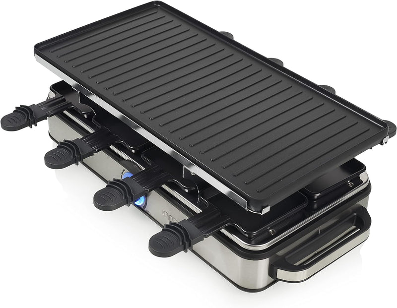 Princess Raclette Grill Deluxe - Wendbare Grillplatte, Edelstahlgehäuse, 8 Personen, 1400 Watt, Ther