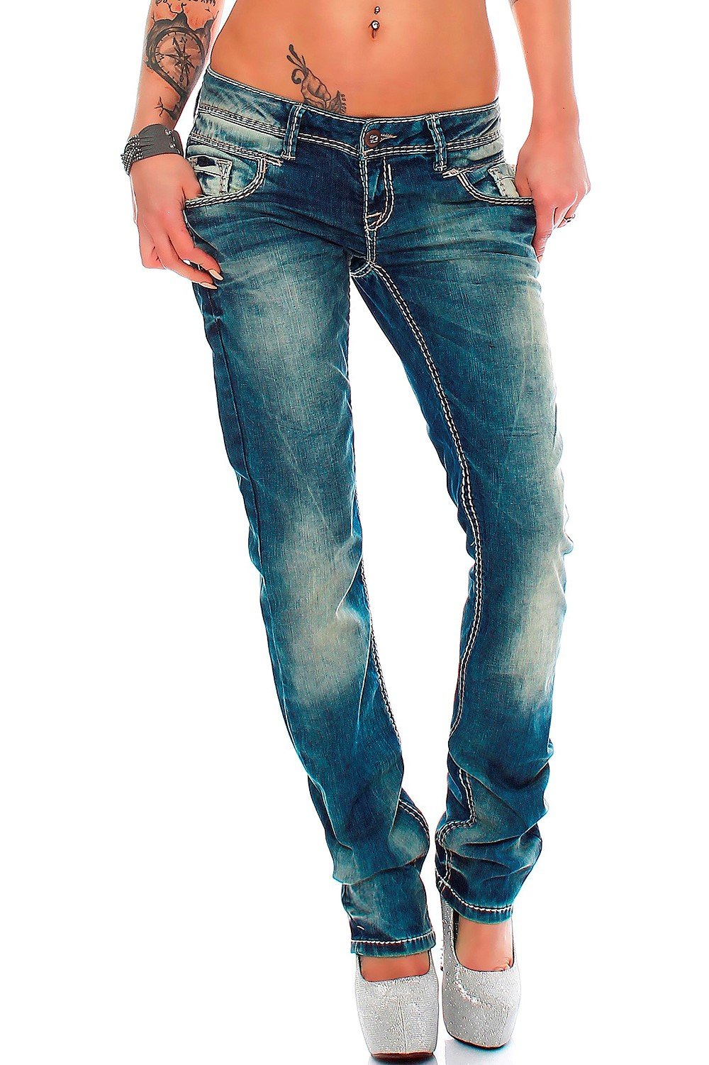 Cipo & Baxx Damen Jeans – Slim Fit & Used Look | Modische Kontrastnähte & Mehrtaschen | Bequeme Stre