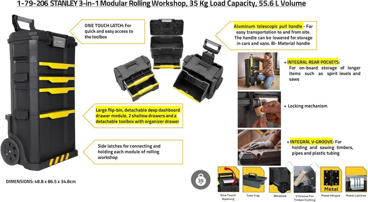 Stanley Rollende Werkstatt aus Metall-Kunststoff 1-79-206 – Werkzeugwagen leer mit 3 modularen Einhe